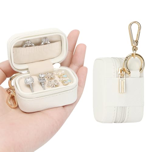 KUKUVR Small Travel Ring Stud Earring Box with Keychain, Mini Wedding Ring Holder Boxes for Multiple Rings, Portable Jewelry Storage Organizer Case (White) - Image 1