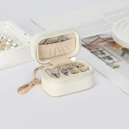KUKUVR Small Travel Ring Stud Earring Box with Keychain, Mini Wedding Ring Holder Boxes for Multiple Rings, Portable Jewelry Storage Organizer Case (White) - Image 3