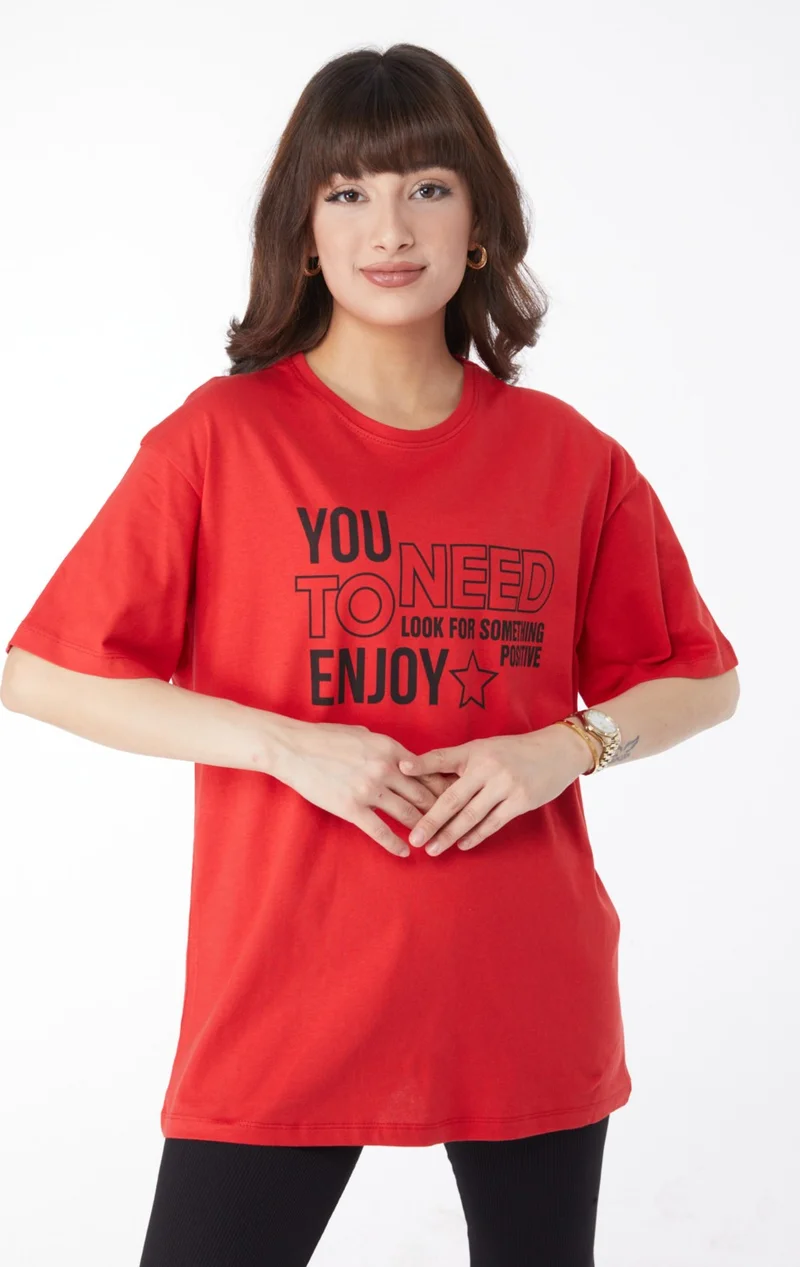 Tofisa Plain Crew Neck Women's Red Printed T-Shirt - 25175