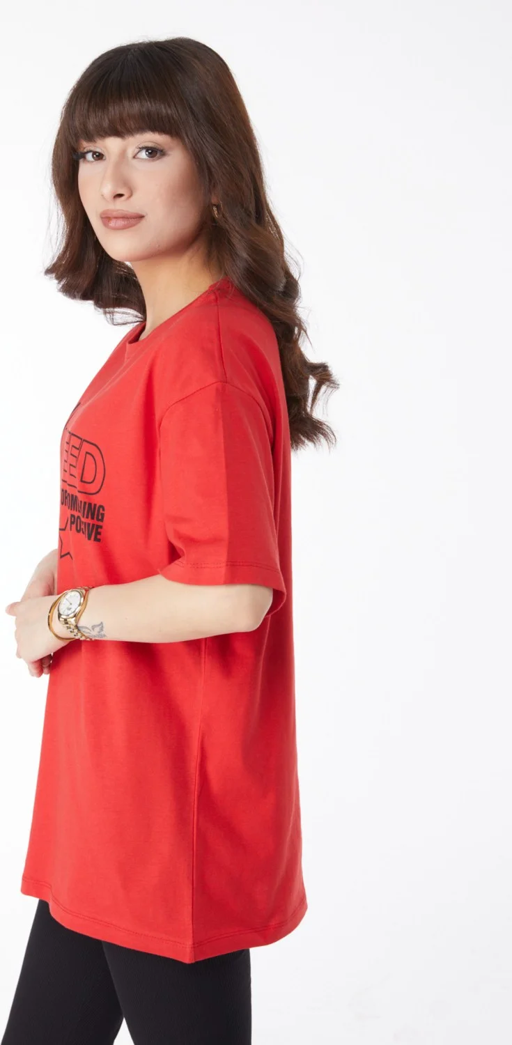 Tofisa Plain Crew Neck Women's Red Printed T-Shirt - 25175