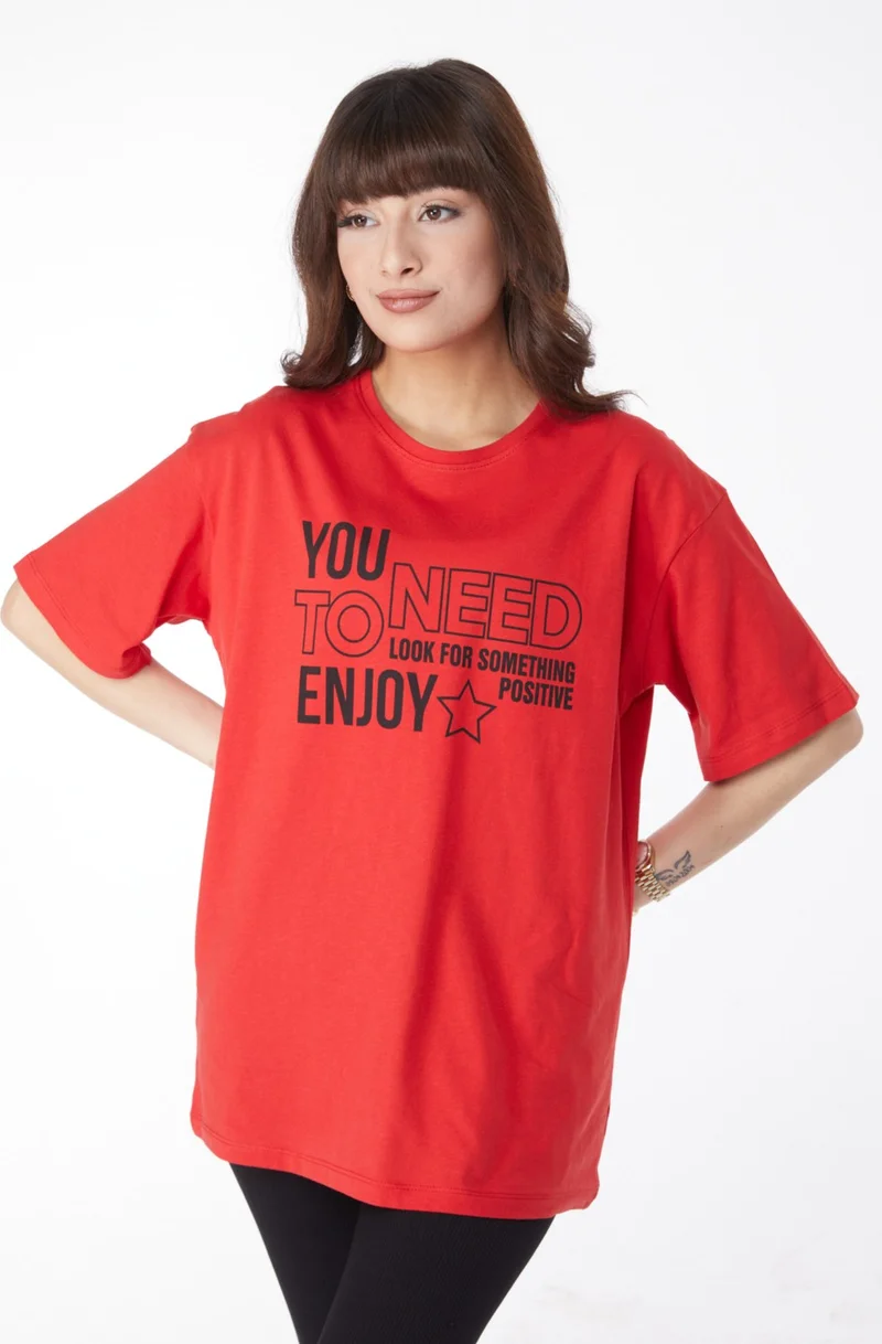 Tofisa Plain Crew Neck Women's Red Printed T-Shirt - 25175