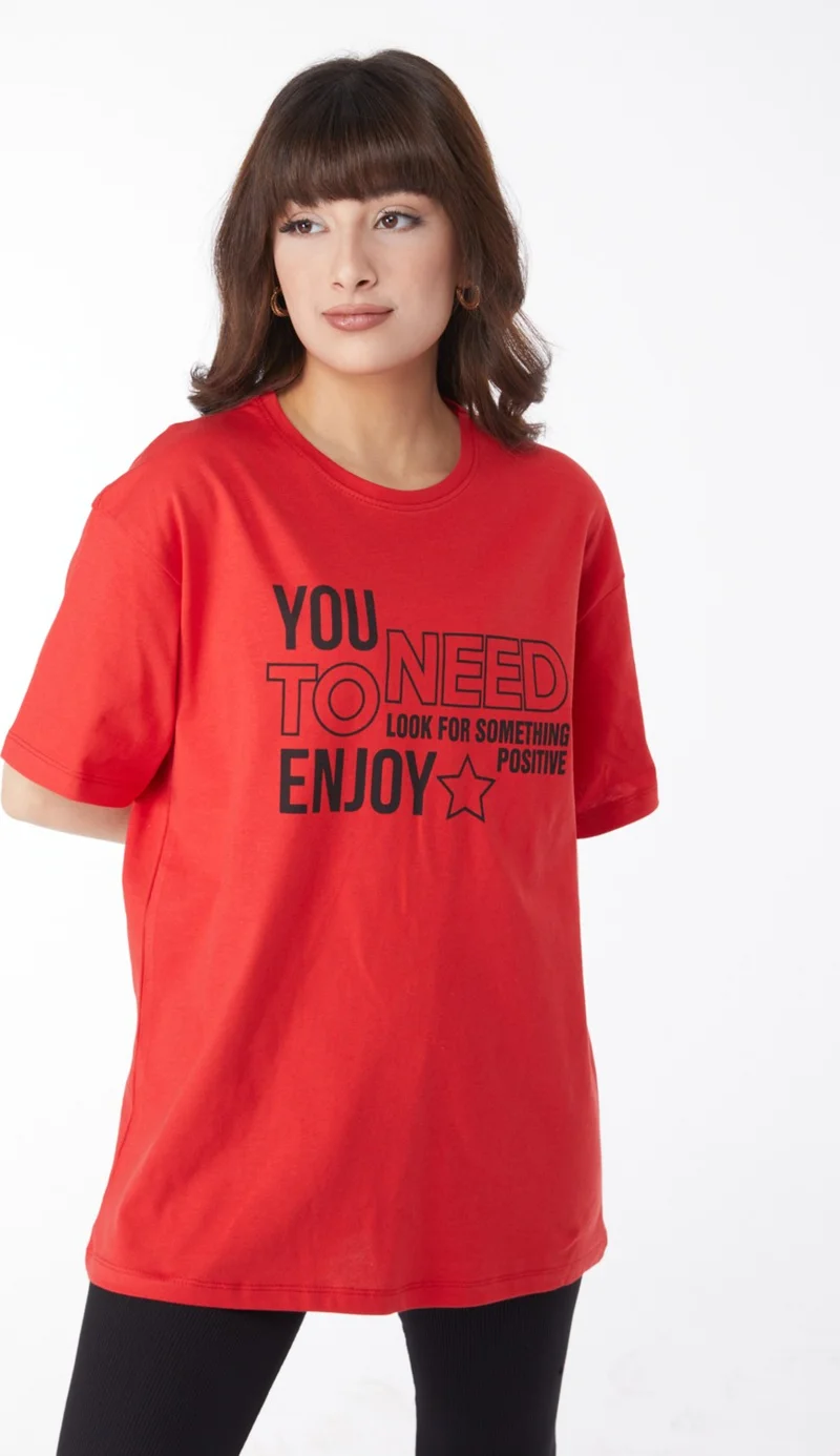 Tofisa Plain Crew Neck Women's Red Printed T-Shirt - 25175