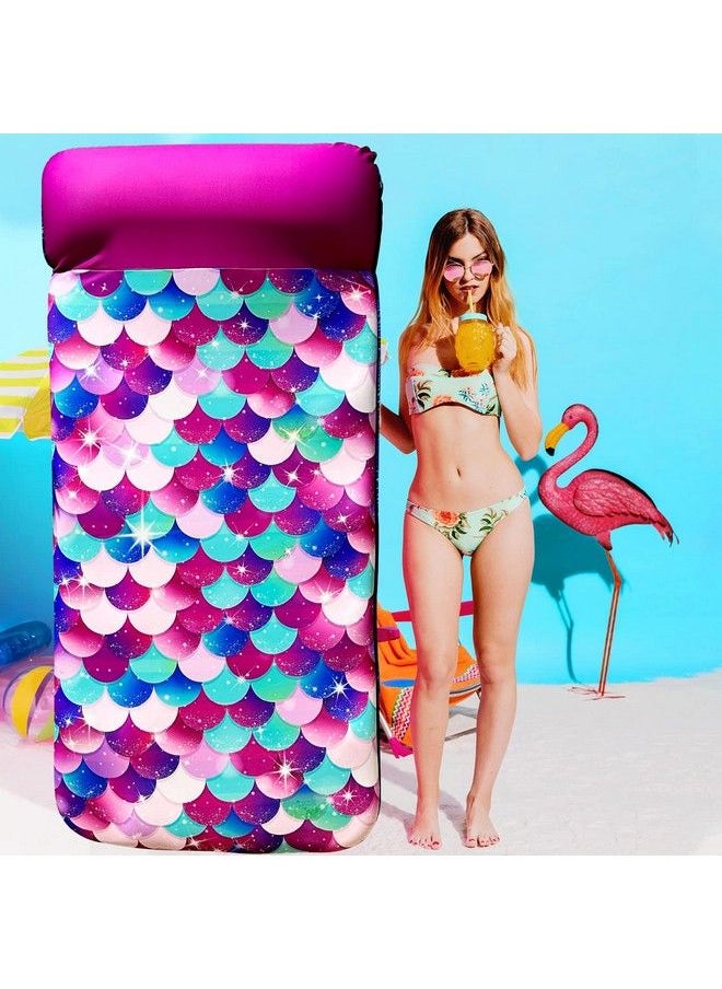 Parentswell - Inflatable Mermaid Scales Pool Floats 72" X 38" Xlarge Fabriccovered Pool Float With Headrest Pool Lounge Chairs Pool Lounger Pool Floaties Summer Pool Party Decorations For Adults - Image 1