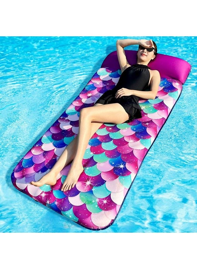 Parentswell - Inflatable Mermaid Scales Pool Floats 72" X 38" Xlarge Fabriccovered Pool Float With Headrest Pool Lounge Chairs Pool Lounger Pool Floaties Summer Pool Party Decorations For Adults - Image 1