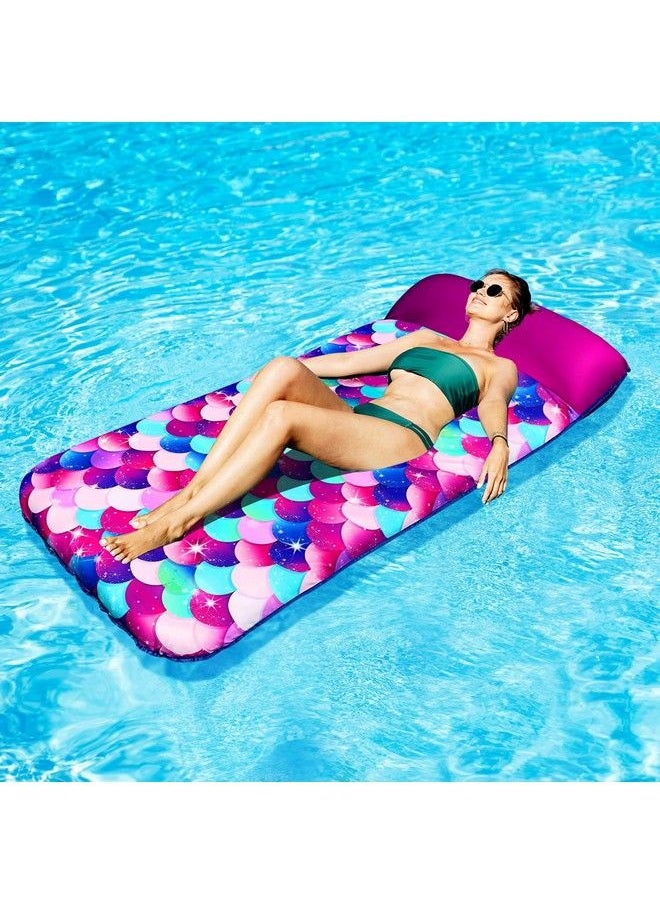 Parentswell - Inflatable Mermaid Scales Pool Floats 72" X 38" Xlarge Fabriccovered Pool Float With Headrest Pool Lounge Chairs Pool Lounger Pool Floaties Summer Pool Party Decorations For Adults - Image 1