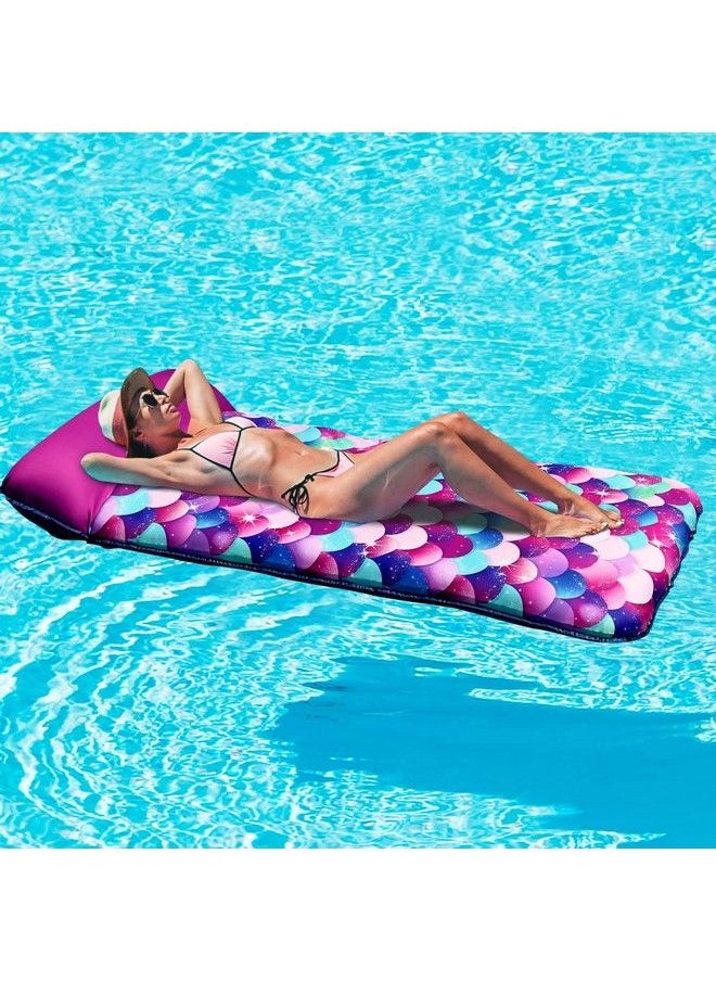 Parentswell - Inflatable Mermaid Scales Pool Floats 72" X 38" Xlarge Fabriccovered Pool Float With Headrest Pool Lounge Chairs Pool Lounger Pool Floaties Summer Pool Party Decorations For Adults - Image 1