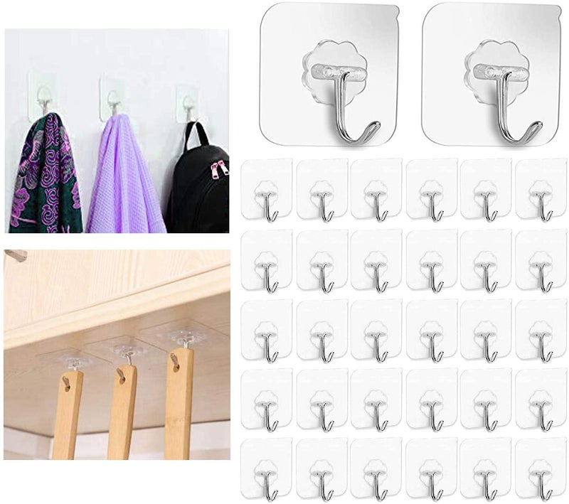 Styxon 30 PCS Adhesive Hooks Wall Hanger Hook Bathroom Kitchen Transparent Reusable Seamless Scratch Wall Hooks for Towel Loofah Bathrobe Coats Ceiling Hanger Pack 30 - Image 1