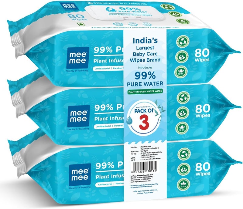 Mee Mee 99% Pure Water Plant Infused Baby Wet Wipes - Pack of 3 (240 Wipes)