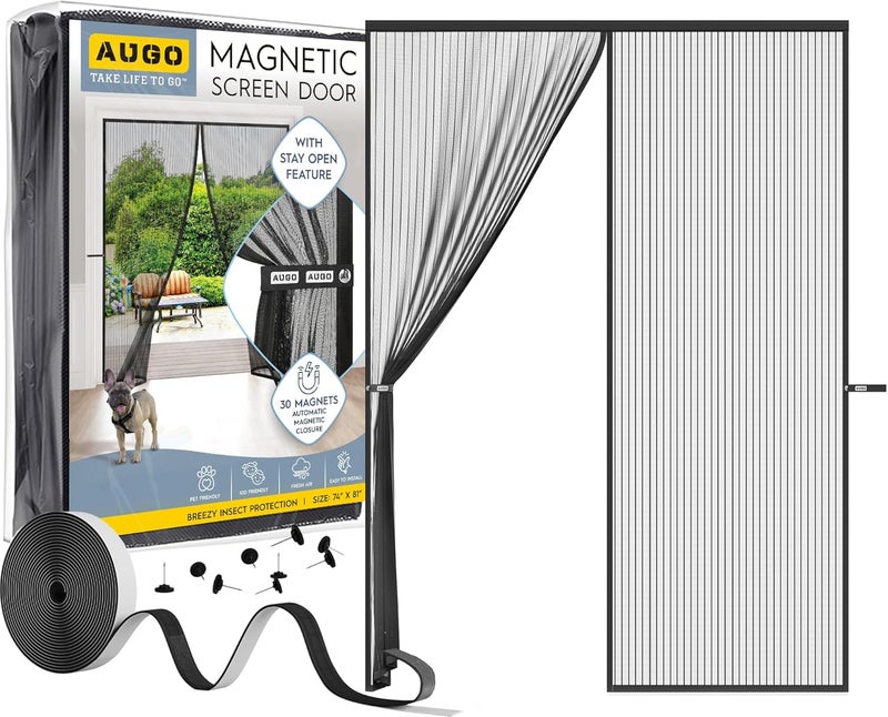 AUGO Magnetic Screen Door - Self Sealing, Heavy Duty, Hands Free Mesh Partition Keeps Bugs Out - Pet and Kid Friendly - Patent Pending Keep Open Feature - 74 Inch x 81 Inch - Image 1