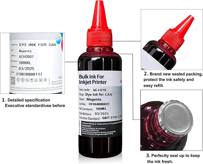 AYMSous Ink Refill Kit for Canon 250 251 270 271 280 281 1200 2200 PG240 CL241 PG245 CL246 PG210 Refillable Ink Cartridge, CIS CISS System with 5 Syringes(5x100ML 1BK, 1PBK, 1C, 1M, 1Y) - Image 2
