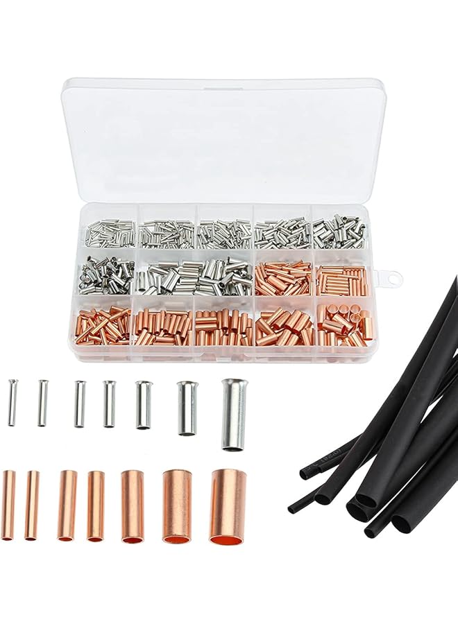 PROMASS Wire Ferrule Kit, 970pcs Boxed Copper Tube Terminals, Tubular Bare Terminal Connecting Wire + Small Copper Tube Terminal Waterproof Combination + Heat Shrink Tube, Tinned Copper Crimp Connector  - Image 1