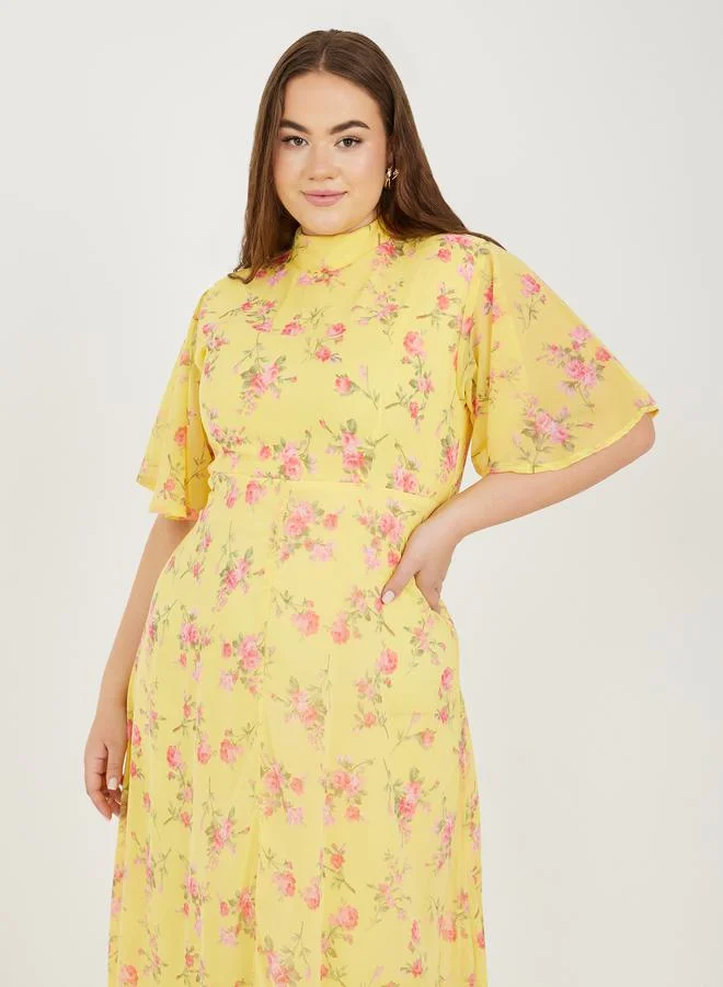 Styli Plus Floral Print High Neck A-Line Maxi Dress