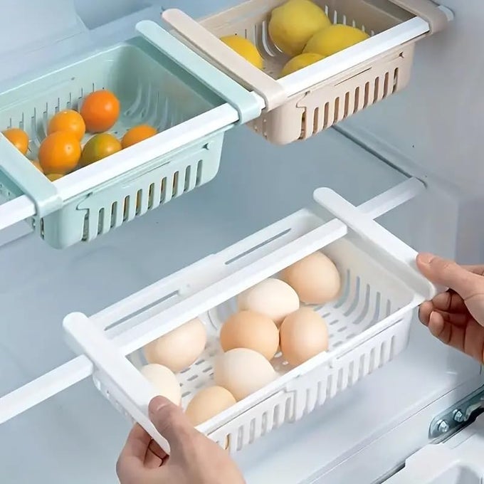 ADJUSTABLE REFRIGERATOR STORAGE ORGANIZERS SET OF 4 PLASTIC VIRGIN FREEZE STORAGE BOXES STORAGE TRAYS SLIDING VEGETABLE ORGANIZER TRAY BOX