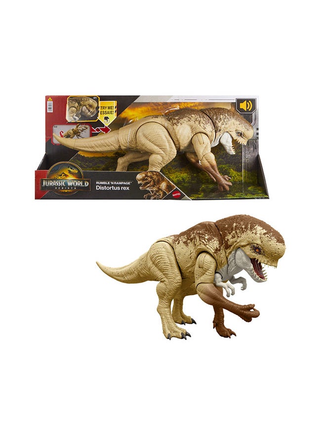 JURASSIC WORLD Mattel Rebirth Distortus Rex Rumble N Rampage Dinosaur Action Figure 22 Inch With 2 Attack Actions, Content-Accurate, Digital Play  - Image 1