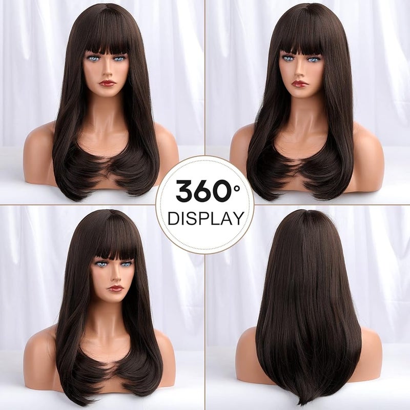 اي سي اي اف باروكات ECIF للنساء، باروكات طويلة مستقيمة متعددة الطبقات مع غرة، باروكات مصنوعة من ألياف صناعية طبيعية مقاومة للحرارة (شاي أسود) - Image 2