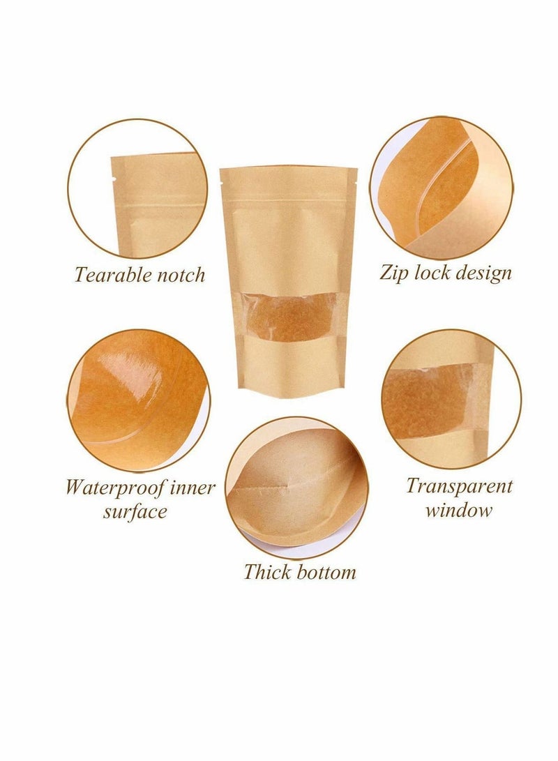 KASTWAVE Food Pouches 50pcs 18x26cm Kraft Stand Up Food Bags, Zip Lock Reusable Packing Pouches with Transparent Window and Tear Notch Thicken Heat Sealable, or Storing, Cookie, Snack Tea and Drinking  - Image 2