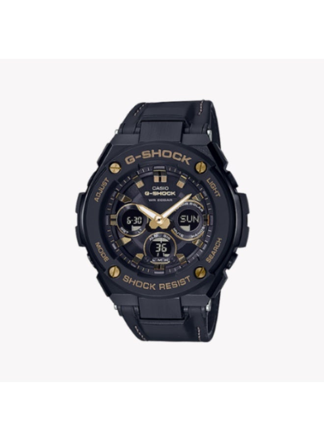 ساعة جي-شوك ​​GST-S300GL-1ADR من الفولاذ المقاوم للصدأ، للرجال، مينا رقمي تناظري، سوار جلدي أسود