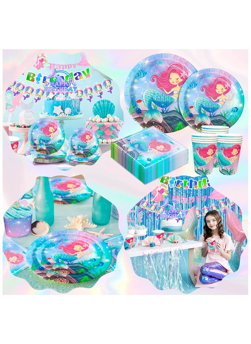FRUITFUL PARTY - Mermaid Birthday Party Decorations for 16 Guests, Mermaid Birthday Disposable Tableware Set Mermaid Theme Balloons Banners Plates Cups Napkins Tablecloth - Image 1