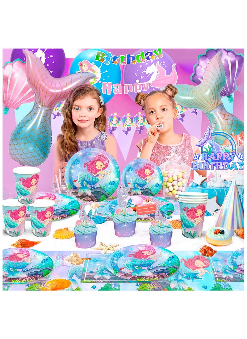 FRUITFUL PARTY - Mermaid Birthday Party Decorations for 16 Guests, Mermaid Birthday Disposable Tableware Set Mermaid Theme Balloons Banners Plates Cups Napkins Tablecloth - Image 1