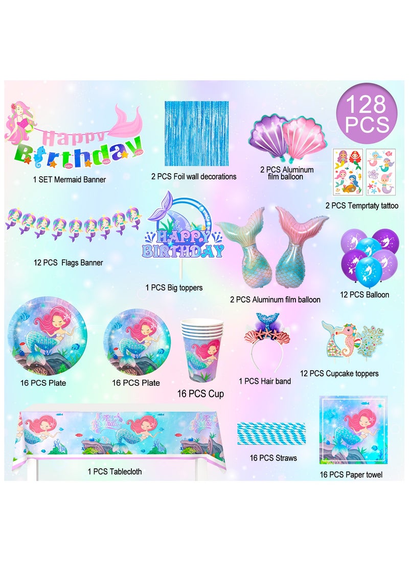 FRUITFUL PARTY - Mermaid Birthday Party Decorations for 16 Guests, Mermaid Birthday Disposable Tableware Set Mermaid Theme Balloons Banners Plates Cups Napkins Tablecloth - Image 1