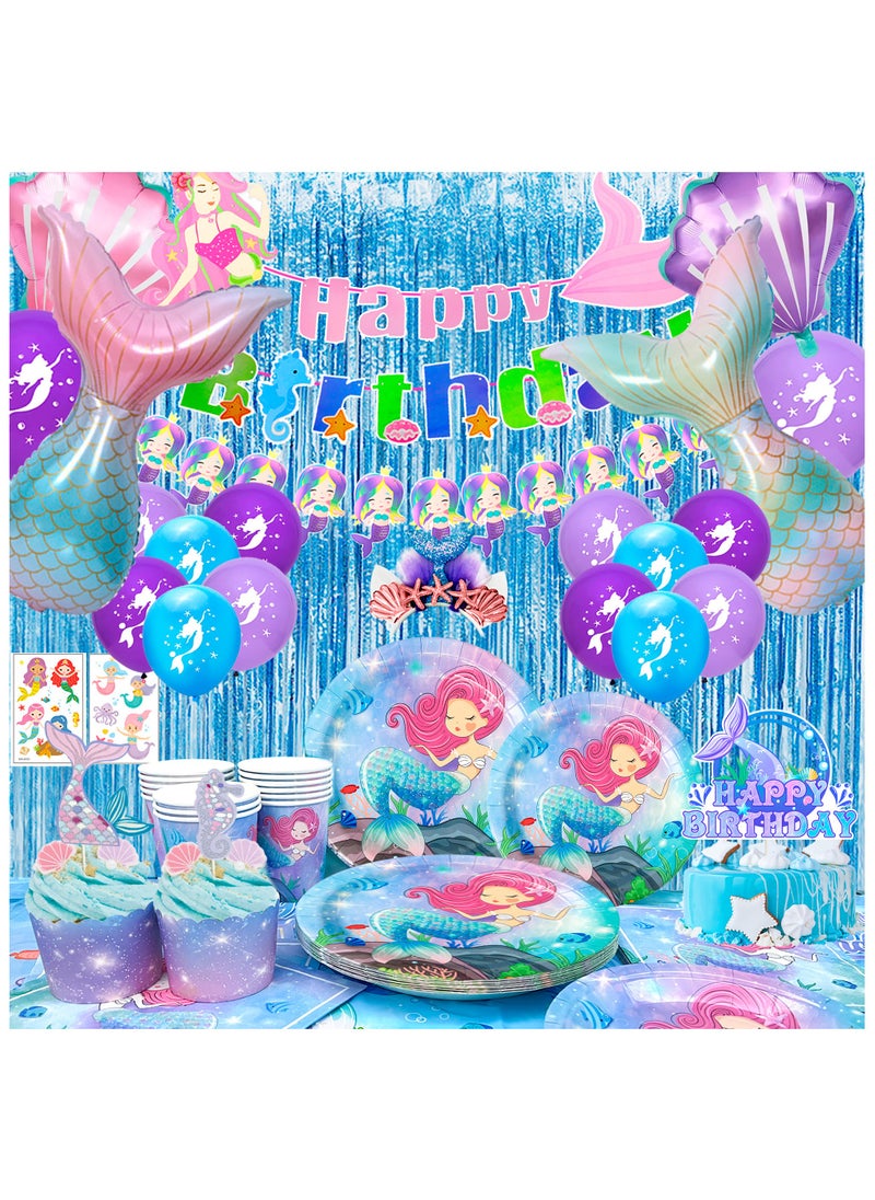 FRUITFUL PARTY - Mermaid Birthday Party Decorations for 16 Guests, Mermaid Birthday Disposable Tableware Set Mermaid Theme Balloons Banners Plates Cups Napkins Tablecloth - Image 1