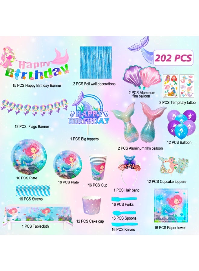 FRUITFUL PARTY Mermaid Birthday Party Decorations for 16 Guests, 202pcs Mermaid Birthday Disposable Tableware Set Mermaid Theme Balloons Banners Plates Cups Napkins Tablecloth - Image 2