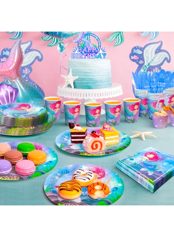 FRUITFUL PARTY Mermaid Birthday Party Decorations for 16 Guests, 202pcs Mermaid Birthday Disposable Tableware Set Mermaid Theme Balloons Banners Plates Cups Napkins Tablecloth - Image 4