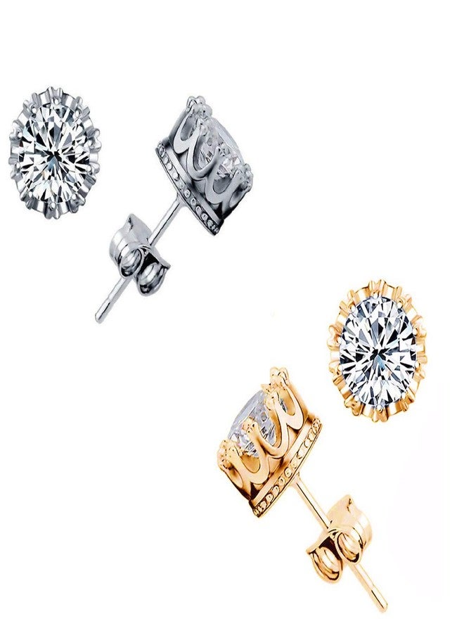 OOMPHelicious Jewellery Pair Combo Of 2 Silver & Gold Round Cubic Zirconia Ear Stud Earrings For Men & Boys (ESN32EIS3_CC4) - Image 1