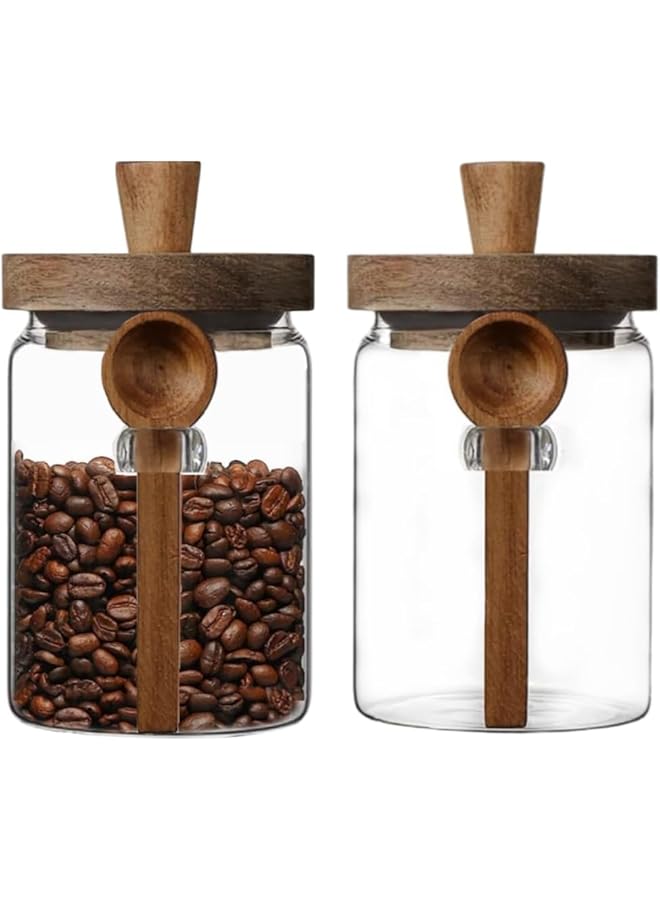 Green Tiger Coffee Bean Glass Jars, Food Storage Jars with Airtight Bamboo Lid and Spoon, Set of 2 Clear Kitchen Canister Jars Set for Pasta,Cookies, Nuts, Coffee Beans, Cereal, Sugar, Salt (600ml) - Image 1