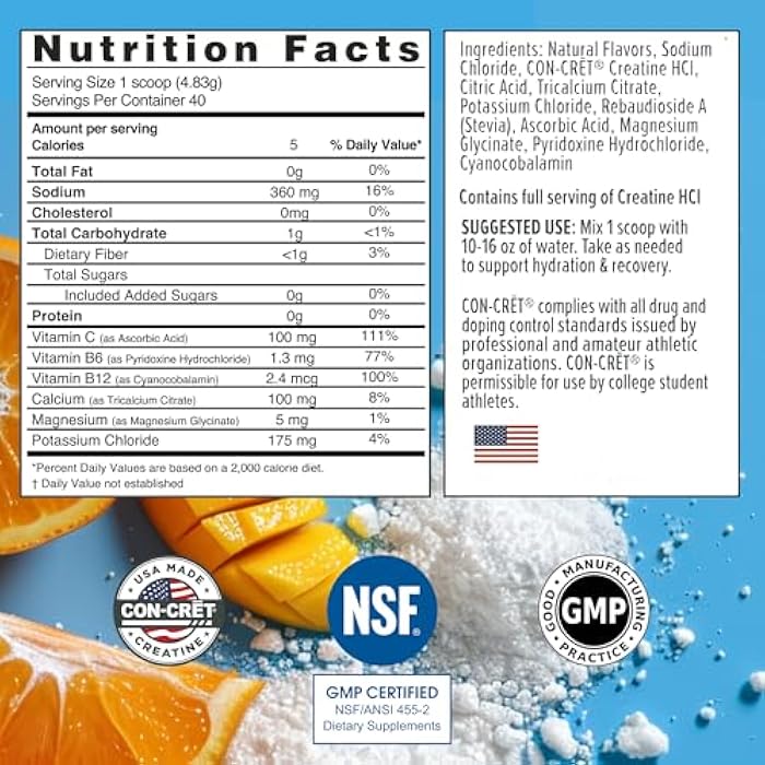 CON-CRET Creatine HCl + Hydration | Electrolyte Powder Tub | Citrus Mango | Sugar Free Electrolytes | Rehydration Formula w Potassium, Sodium, Zinc, Magnesium to Hydrate & Recover (40 serv) - Image 2