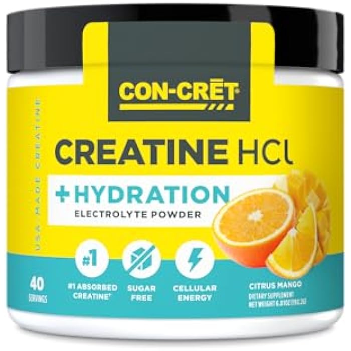 CON-CRET Creatine HCl + Hydration | Electrolyte Powder Tub | Citrus Mango | Sugar Free Electrolytes | Rehydration Formula w Potassium, Sodium, Zinc, Magnesium to Hydrate & Recover (40 serv) - Image 1