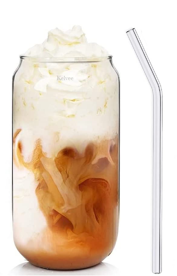 KHOLAD Drinking Glasses with Glass Straw 500ml Beer Glasses Can Shaped Glass Cups Tumbler for Cold Coffee Smoothies Juice Soda Any Drink and Any Occasion Beer CAN 1 - Image 1