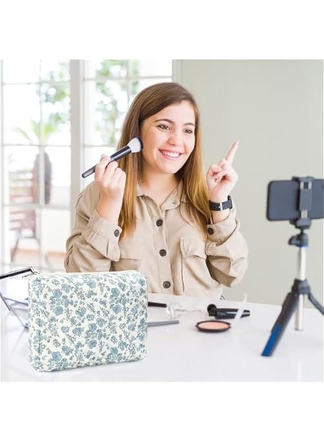 حقيبة مكياج قطنية مبطنة للسيدات، حقيبة تجميل كبيرة أنيقة، حقيبة مكياج مزخرفة زرقاء بسطور، حقيبة سفر محمولة لتخزين مستلزمات العناية الشخصية، حقيبة تنظيم عتيقة ومريحة، حقيبة تخزين للعناية بالبشرة عصرية ومريحة. - Image 2
