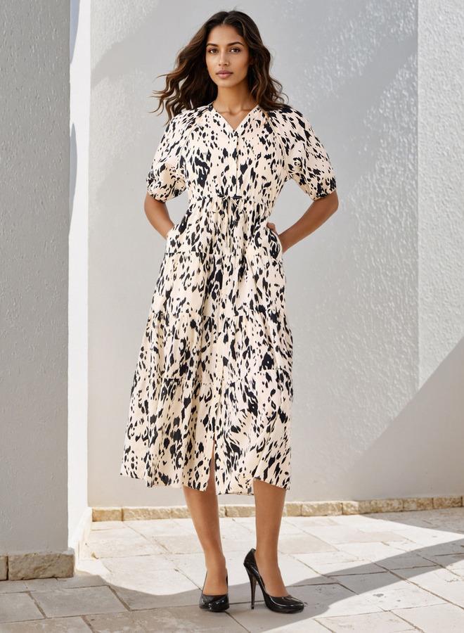 سبلاش فيڤ فستان قطني بطبعات وطبقات ودانتيل وجيوب - Image 1