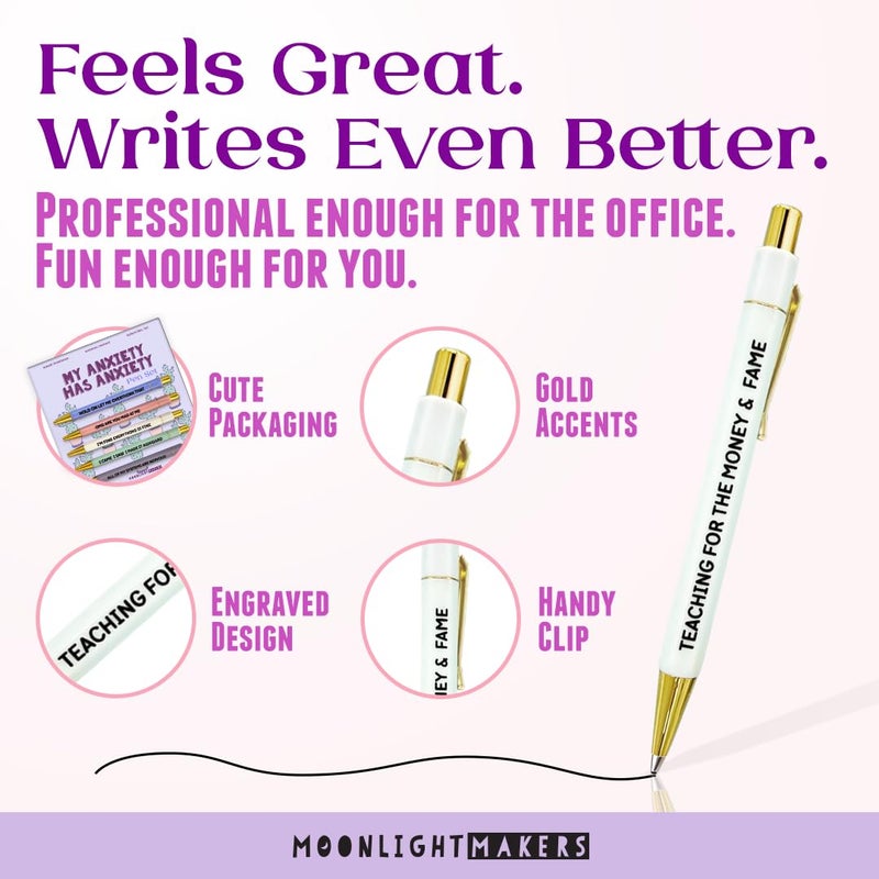 Moonlight Makers Funny Pens â€” Cute Pens with Sayings for Anxiety, Black Ink Ballpoint, Snarky Office Desk Accessories, Women, Coworkers, Friends, Gift Ideas, Set of 5, My Anxiety Has Anxiety - Image 4