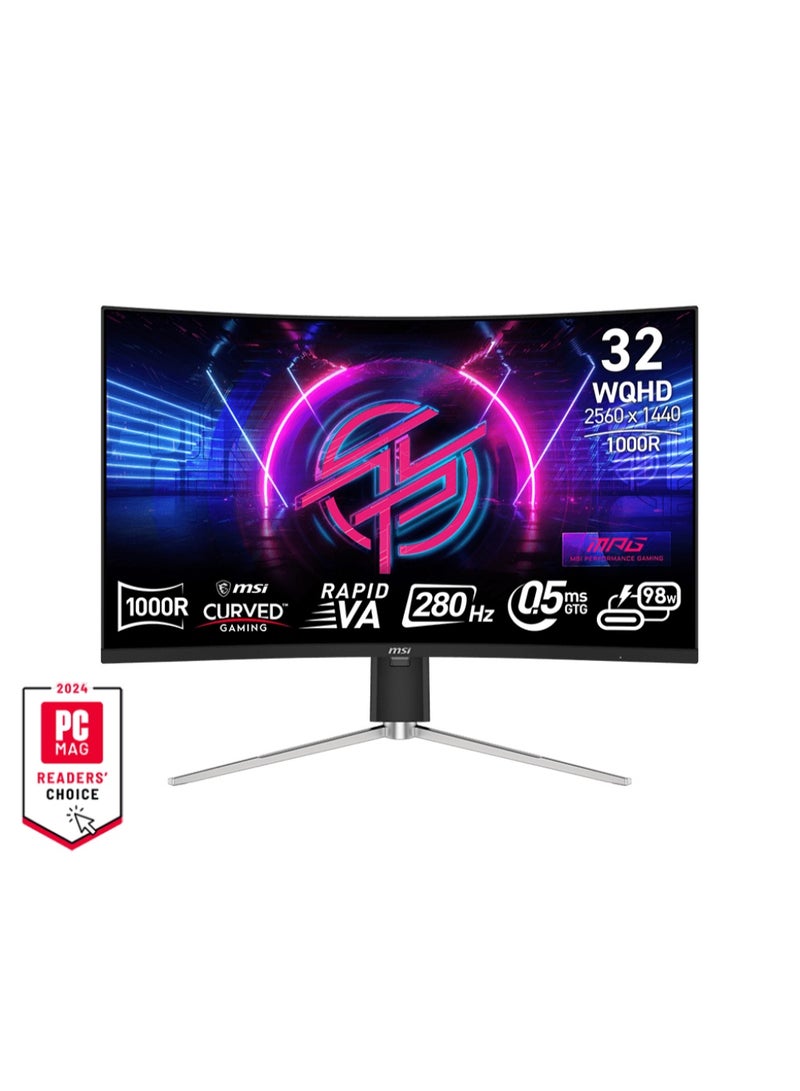 إم اس أي MSI MPG 325CQRXF 31.5" WQHD 1000R Curved Rapid VA Gaming Monitor, 280Hz, 0.5ms GtG, HDR400, 127% sRGB/96% DCI-P3, FreeSync Premium, AI Vision, HDMI 2.0b Ã2, DP 1.4a, USB-C 98W PD, PIP/PBP, KVM, Height/Tilt/Swivel, VESA Mountable | 9S6-3DC14H-084 - Image 1