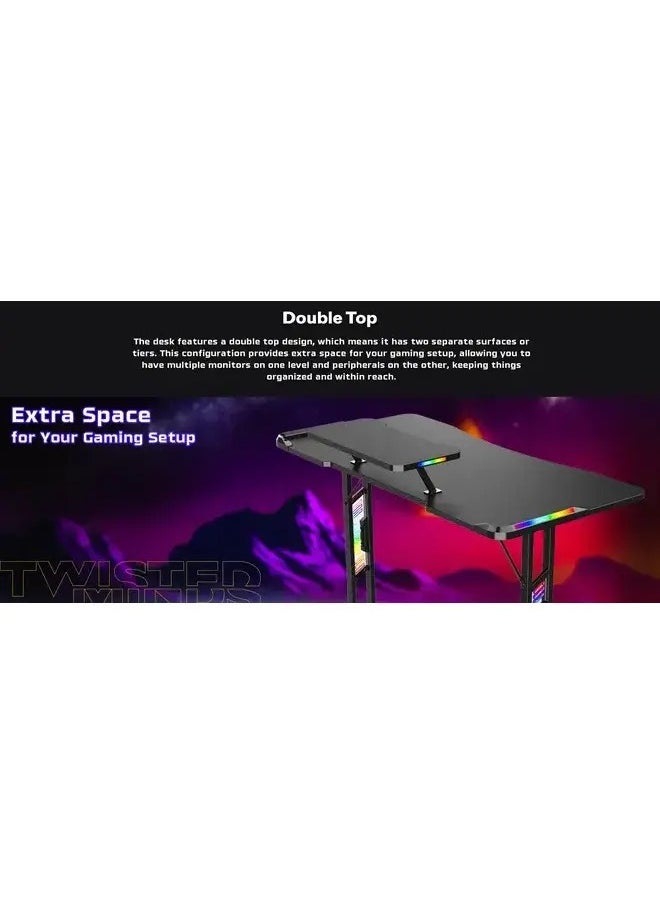 TWISTED MINDS - Twisted Minds T-Shaped RGB Double Top Gaming Desk, 120x60x77.8 cm, PB Desktop with Carbon Fibre Cover, GD27-T-RGB - Image 1