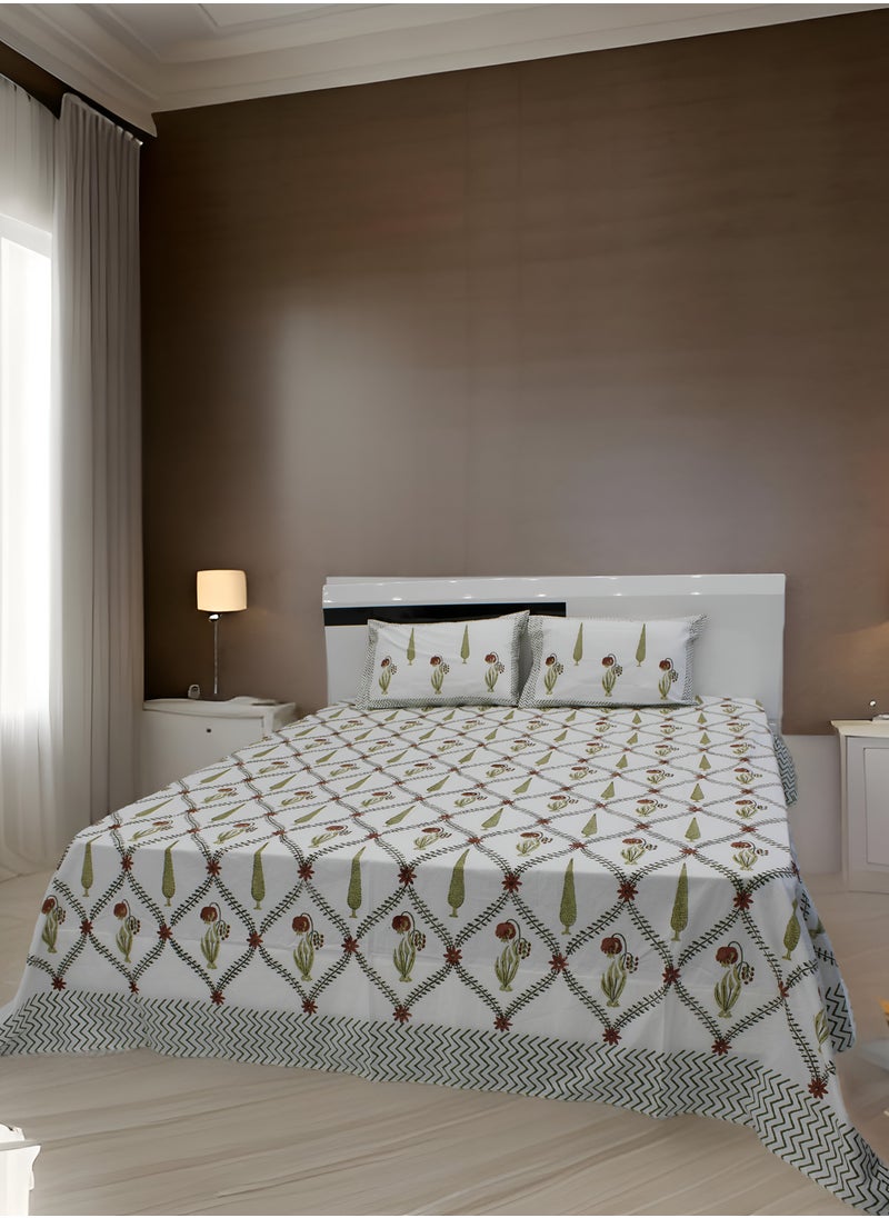 MARHABA CURTAIN 100% Cotton Jaipuri Handblock Print Double Bed Sheet with 2 Pillow Covers Premium Quality, Soft, Breathable (WHITE LILLY 05)  - Image 1