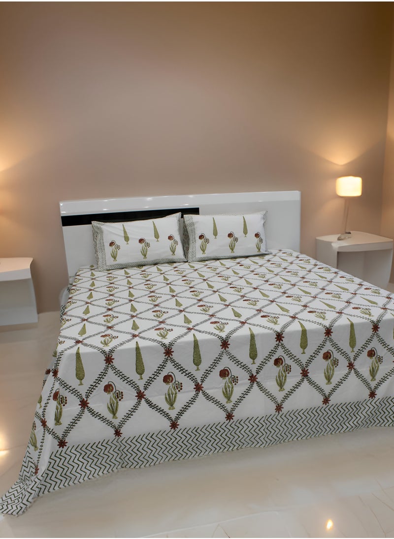 MARHABA CURTAIN 100% Cotton Jaipuri Handblock Print Double Bed Sheet with 2 Pillow Covers Premium Quality, Soft, Breathable (WHITE LILLY 05)  - Image 3
