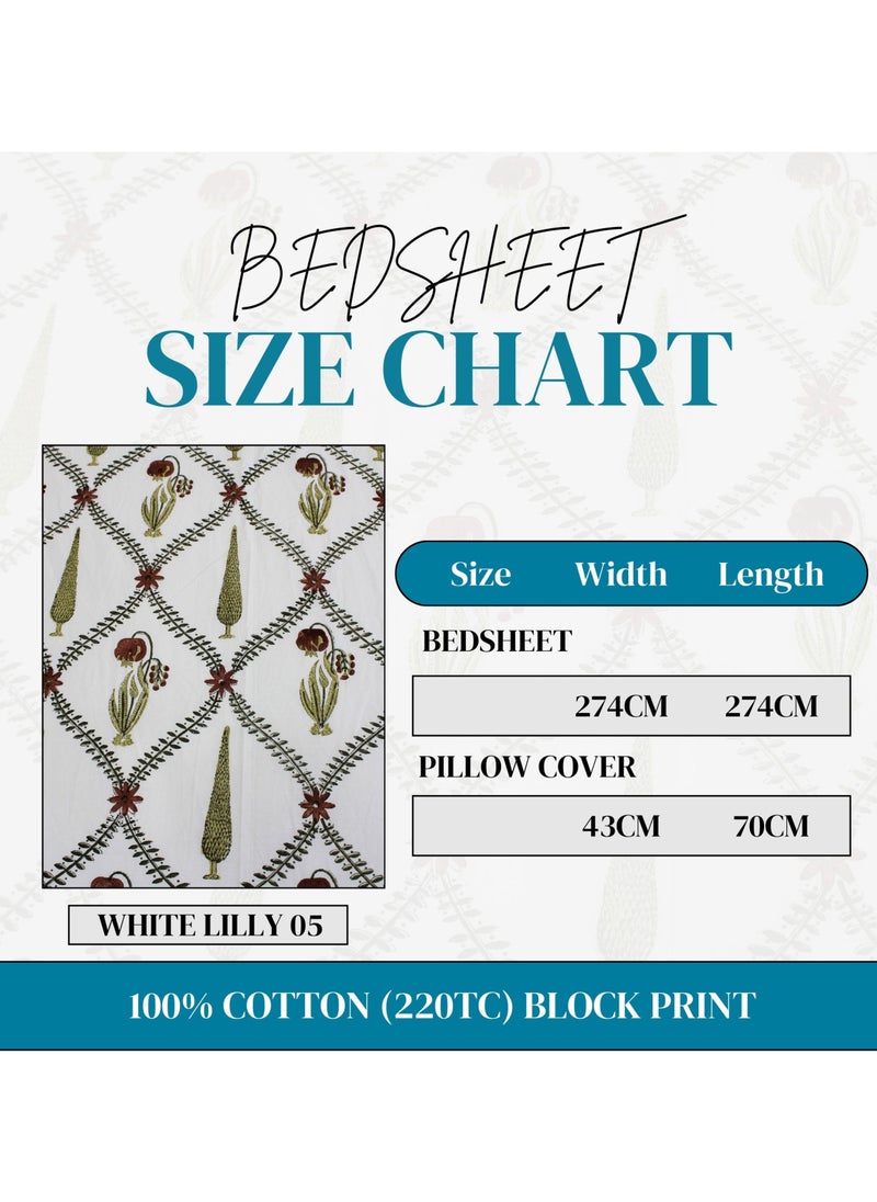 MARHABA CURTAIN - 100% Cotton Jaipuri Handblock Print Double Bed Sheet with 2 Pillow Covers Premium Quality, Soft, Breathable (WHITE LILLY 05) - Image 1