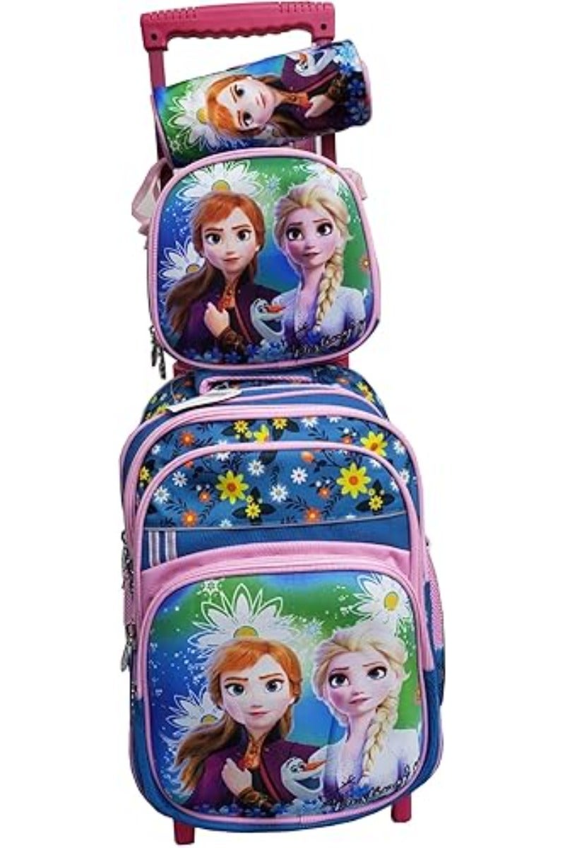 Cartoon Printed Kids School Trolley Backpack Set, 3 Pieces, 16.5 Inch Rolling Bag with Lunch Box and Pencil Case.