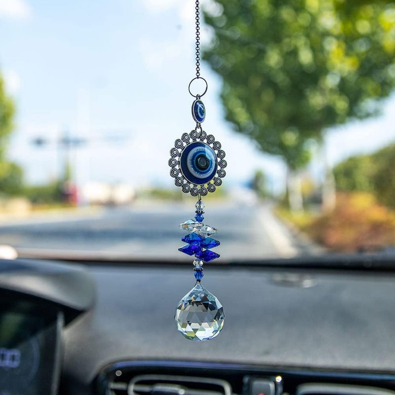 MENGSOOD Evil Eye Car Hanging Ornament Blue Evil Eye for Rear View Mirror Evil Eye and Good Luck Charm Window Hanging Sun Catcher Car Amulet Ornament for Protection & Blessing (1pcs Round) - Image 1