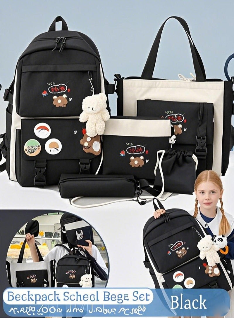 Topyich 5 Pcs School Bag for Girls, School Backpack with Pendant Lunch Bag , Pencil Case, Handbag and Coin Purse, Idea School Backpack for Teen Girls  - Image 1