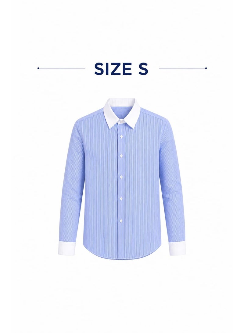 ZARA Women's Light Blue and White Striped Long Sleeve Shirt, Contrast White Collar and Cuffs, Classic Button Down Formal Casual Blouse, Elegant Women's Top, Size S - Image 2
