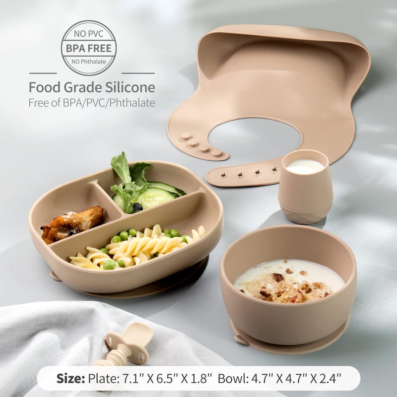 SAMiGO Silicone Baby Feeding Set, Baby Led Weaning Supplies, Suction Bowl Plate Bib Cup Self Feeding Spoons, Solid Food Eating Essentials, First Stage Utensils, 6+ Months - Image 4