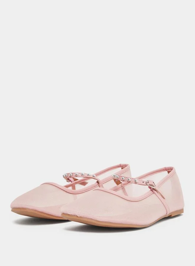 Styli Styli Pink Mesh Mary Jane Flats