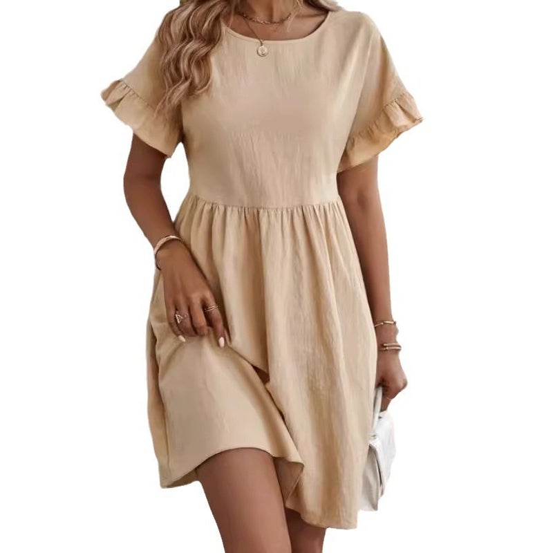 Women's Cotton-Linen Round Neck Loose A-Line Dress - Image 4