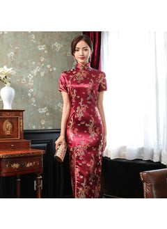 Generic Chinese Style Slimming Long Dress For Women Spring Summer Short Sleeves Dragon And Phoenix Weave Satin Youthful Look CQ816-wine red  - Image 1