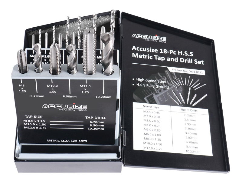 Accusize Industrial Tools Metric 18 Pc H.S.S. Tap and Drill Set, 0001-0052 - Image 1