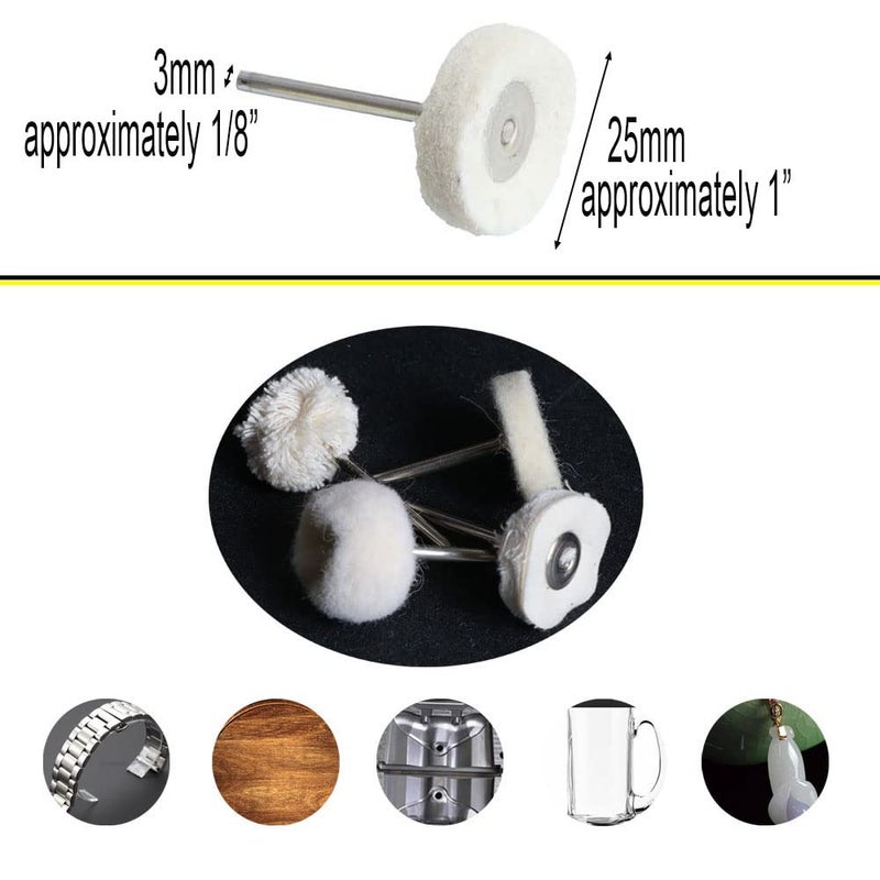FPPO 1Inch Polishing Buffing Wheel Set,Wool Felt Cotton Mounted 3mm Shank for Rotary Tool Accessories,Mini Brush Polishing Kit for Watch and Jewelry 50 Pieces - Image 2